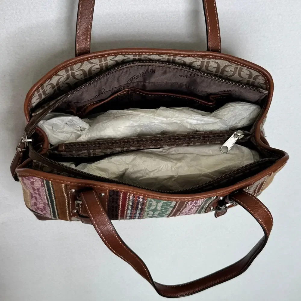Fossil Signature Patchwork Double Handle Satchel Bag NWT Y2K Multicolor